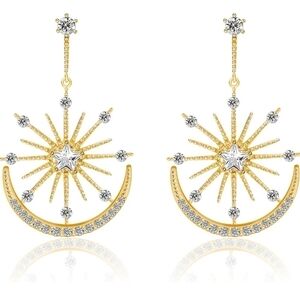 MOON and Star Crystal Drop Dangle Earrings Statement Rhinestone Gold